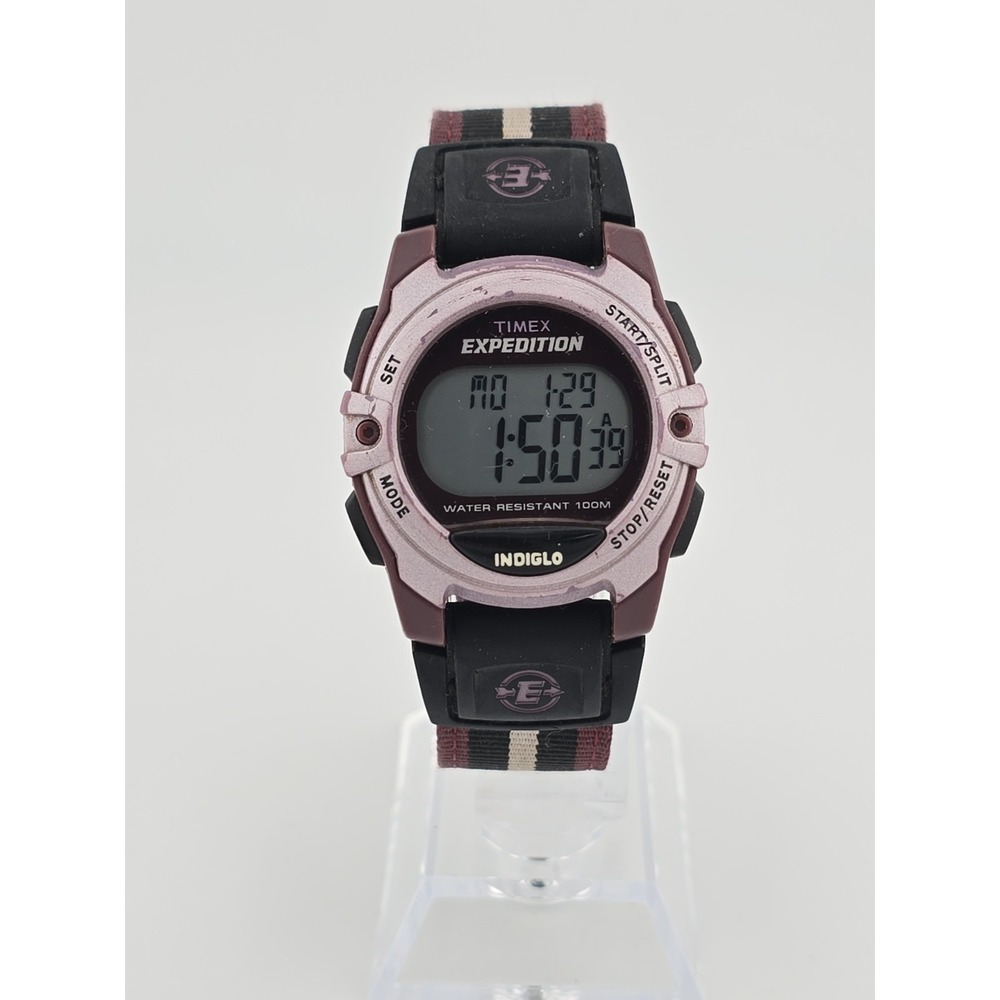Timex Expedition Watch Women T49660 34mm Pink Purple Indiglo Nylon Band NEW BATT
